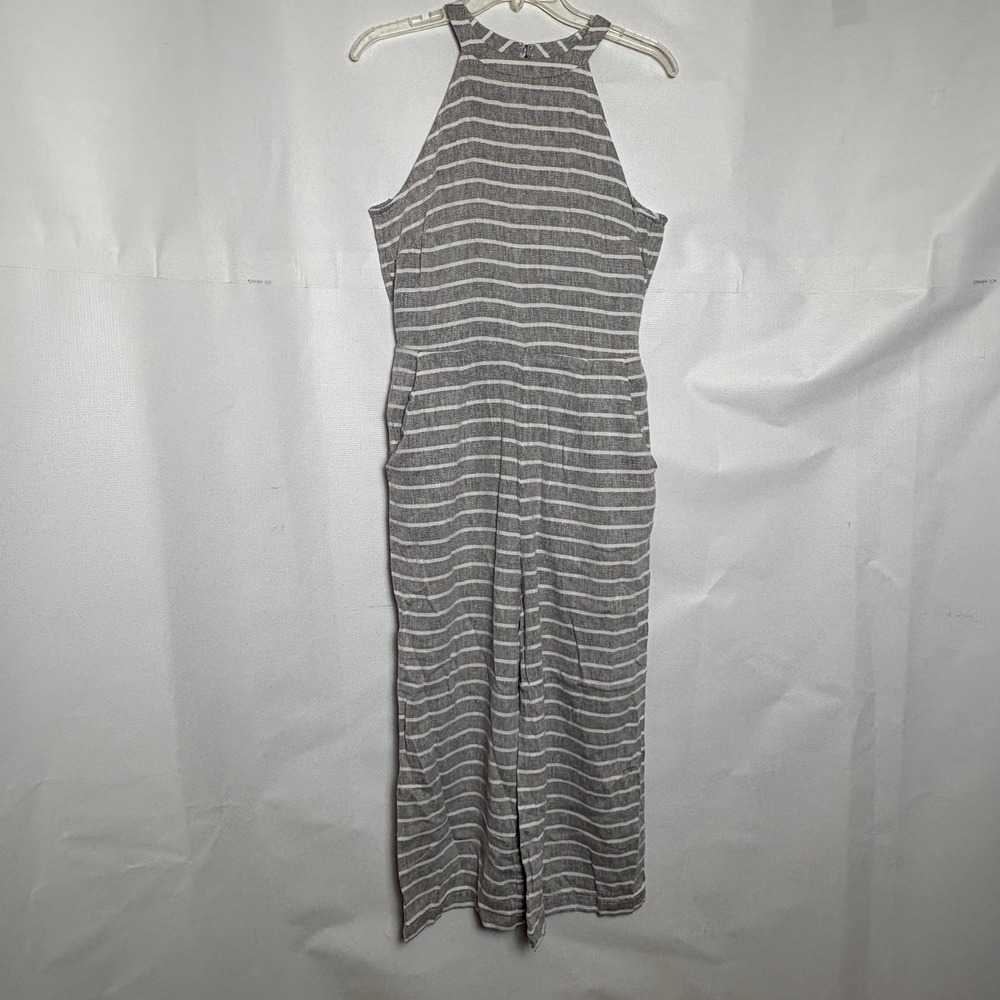 LOFT Gray White Striped Linen Blend Halter Wide‎ Leg Jumpsuit Size S Nautical